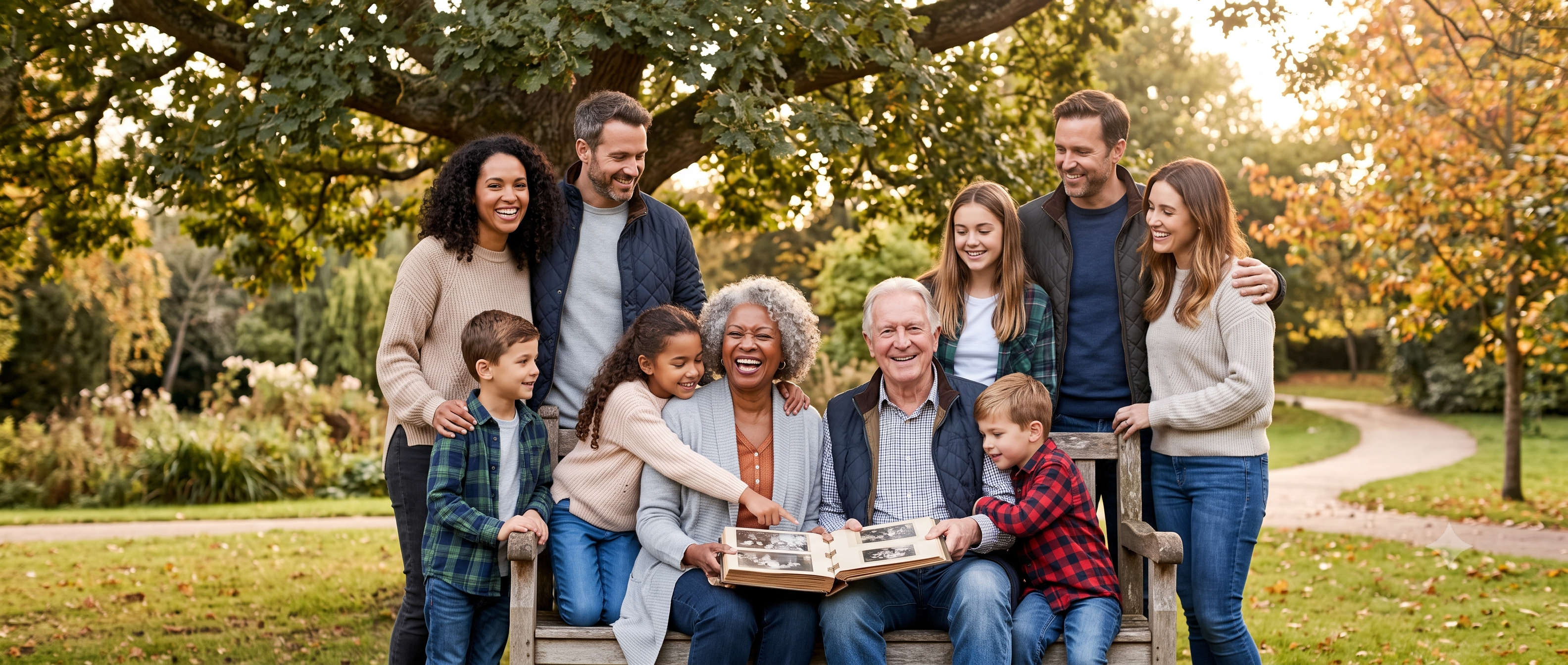 Multiple generations of a family looking through a photo album together outdoors